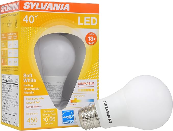 Sylvania A19 LED Light Bulb, 5.5W, 40W Equivalent, 13 Year, Dimmable, 450 Lumens. 2700K, Soft White - 1 Pack (74688)