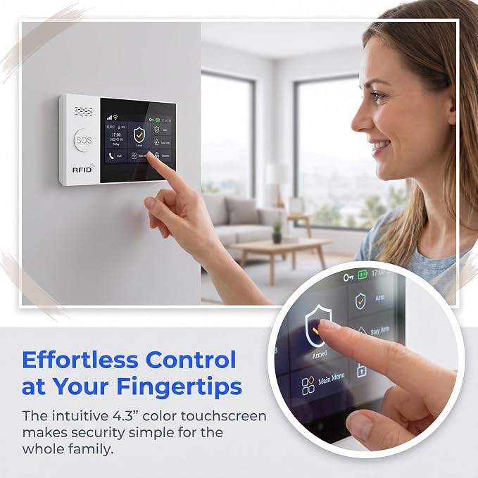 WiFi Wireless Alarm System for Home Security - 24/7 Protection Smart Device | 4.3" Touch Screen, GSM/4G+WiFi, Instant Alerts, Pet Activity Tracking, No Monthly Fee, Alexa Compatible for Home,Apartment