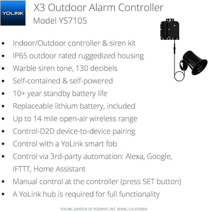 YoLink X3 Version Outdoor Alarm Controller, Ruggedized Battery-Powered Siren/Alarm/Relay Controller, Up to 1/4 Mile Open-Air Range, 130dB Siren, Alexa Assistant, Google, IFTTT, Hub Included