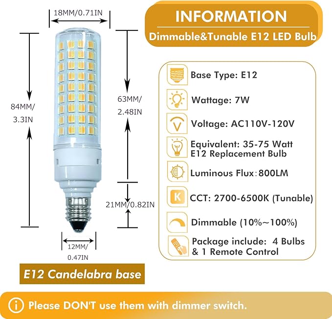 [Pack of 4 E12 LED Bulb 7W E12 Candelabra Base Equivalent 75W Halogen T3/T4 Bulbs, Stepless Dimming & Color Changing Bulbs with 2.4Ghz Remote Control 2700K~6500K for Chandelier Home Lighting