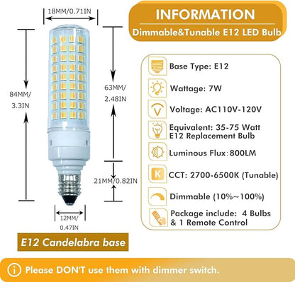 [Pack of 4 E12 LED Bulb 7W E12 Candelabra Base Equivalent 75W Halogen T3/T4 Bulbs, Stepless Dimming & Color Changing Bulbs with 2.4Ghz Remote Control 2700K~6500K for Chandelier Home Lighting