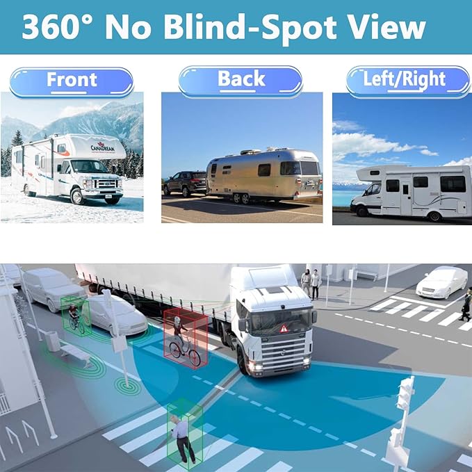AI Alarm Sensor Side Lights 10.36-Inch 6 Split 128GB Large 1080P Backup Camera Monitor & Built-in DVR Video Recorder for RV Truck Trailer Rear Front Reversing View Wired System Waterproof DCD106