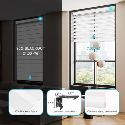 Motorized Zebra Blinds with Remote, Work with HomeKit Alexa, Smart Light Filtering Horizontal Automatic Electric Window Shades for Home Office Customsize（90% Blackout Pearl White）