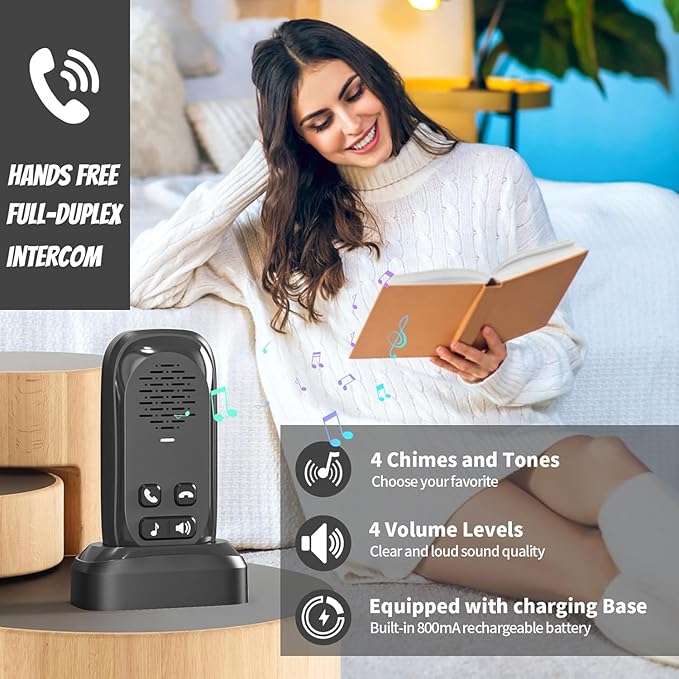 Intercoms Wireless for Home,Two Way Real-Time Intercom 984 Feet Range,Wireless Intercom System with Charging Base,Room to Room Intercom for Home Office Business with 4 Volume Levels 4 Chimes,2 Pack