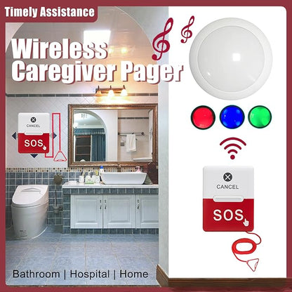 Wireless Emergency Call Button for Elderly, Bathroom Pull Cord Alarm with Strobe Light, 1 Home Care Receiver & 1 Help Button, Medical Alert System for Seniors, Disabled, Patients, Caregivers