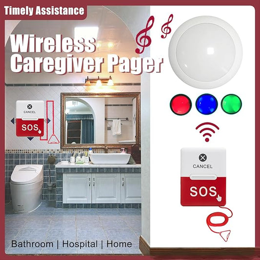 Wireless Emergency Call Button for Elderly, Bathroom Pull Cord Alarm with Strobe Light, 1 Home Care Receiver & 1 Help Button, Medical Alert System for Seniors, Disabled, Patients, Caregivers