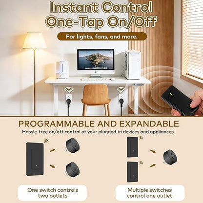 Remote Switch Outlet,NineLeaf Wireless Control Outlet Plug with Switch | 1 Remote 2 Outlets, Wireless On/Off Light Switches Wall Mounted,15A/1500W LED,TUV List,No Wiring Needed,500ft RF Range,Black