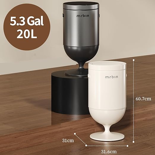 MRBIN Metal Bathroom Motion Sensor Trash Can with Lid, 5.3 Gallon Wine Glass Shaped Automatic Waste Basket Touchless, Smart Round Tall Garbage with High Leg for Office, Bedroom, Kitchen, Cream White
