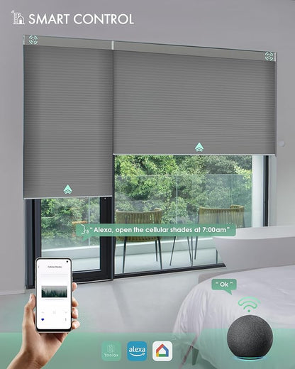 Yoolax Motorized Cellular Shades Compatible with Alexa, Light Filtering Motorized Blinds with Remote Smart Honeycomb Shades for Indoor Windows, Automatic Blinds Custom Size (Dark Grey)