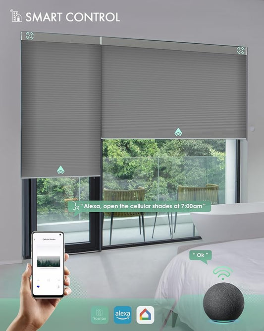 Yoolax Motorized Cellular Shades Compatible with Alexa, Light Filtering Motorized Blinds with Remote Smart Honeycomb Shades for Indoor Windows, Automatic Blinds Custom Size (Dark Grey)