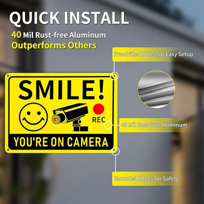 4 Pack Smile You're on Camera Signs – Video Surveillance Signs Outdoor, 10"x7" Rust-Free Aluminum Warning Sign, UV Printed, Weatherproof Security Camera Sign for Home, Business, Fence, Driveway, CCTV
