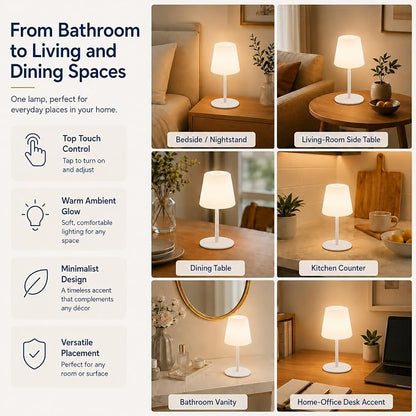 IP65 Waterproof Shower Lamp, Cordless Rechargeable Table Lamp, White | 4000mAh Battery Operated Lamp, Spa-Like Glow for Showers, Vanity, Bedside and Patios; 3 Color Temperatures, Touch Dimming