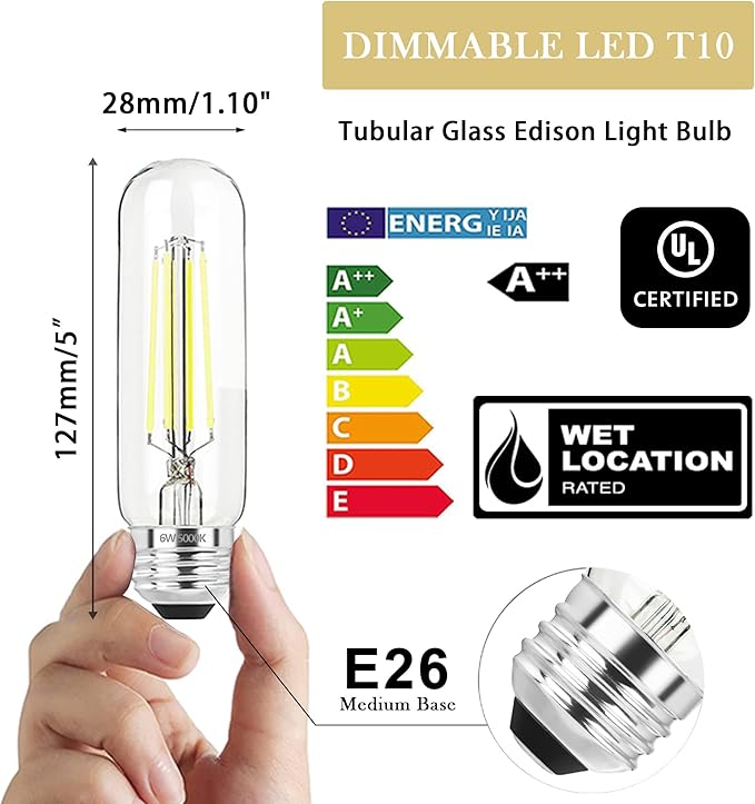 5 Inch Edison Bulb, 5000K Daylight White E26 Led Bulb 6W Dimmable, 800LM T10 T9 Bulb Clear Glass Tubular Light Bulbs, AC 120V Equal 80 Watt Bulbs for Chandelier Pendant Wall Light - 6Pack