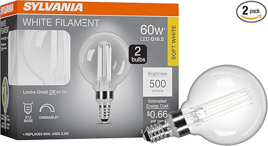 Sylvania G16.5 Clear Globe LED White Filament Bulb, 5.5W, Dimmable, 500 LMS, Candelabra Base, 2700K, Soft White - 2 Pack (42245)