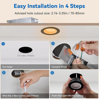 CycevSun Black 3 Inch 6 Pack Recessed LED Lights with Night Light, 5CCT | 2700K-5000K Selectable, Dimmable, Sync & Reset, Canless Downlight, Main Light 6W, Night Light 2W, ETL, IC Rated
