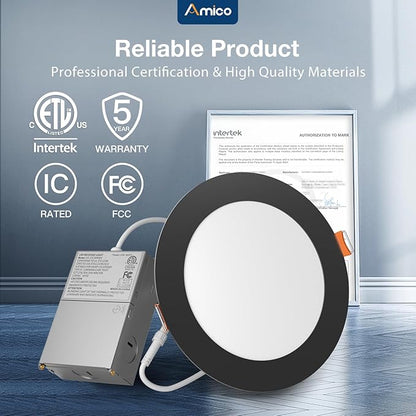 Amico 24 Pack Black 6 Inch 5CCT Ultra-Thin LED Recessed Ceiling Light with Junction Box, 2700K-5000K Selectable, 1050 Lumens, Dimmable Canless Wafer Downlight, 12W Eqv 110W-ETL&FCC