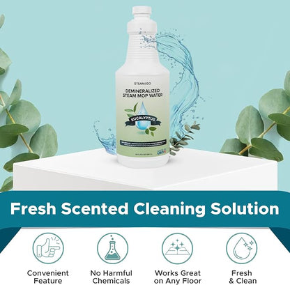 Steam & Go Demineralized Water for Steam Mop – Eucalyptus Mint Scent, 32 oz | Scented Floor Cleaner Solution, Ready-to-Use, Compatible with Any Steam Cleaner