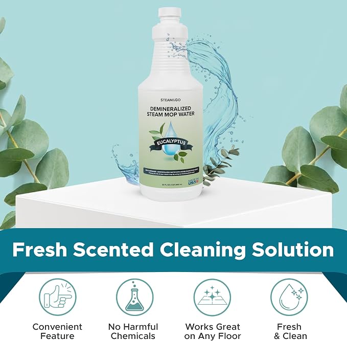 Steam & Go Demineralized Water for Steam Mop – Eucalyptus Mint Scent, 32 oz (Pack of 12) | Scented Floor Cleaner Solution, Ready-to-Use, Compatible with Any Steam Cleaner