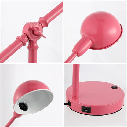 JONATHAN Y Curtis Task Lamp 20.25" Industrial Metal Adjustable USB, Pink | Vintage Style, Dome Shade, LED Bulb Included, Perfect for Home Office or Nightstand