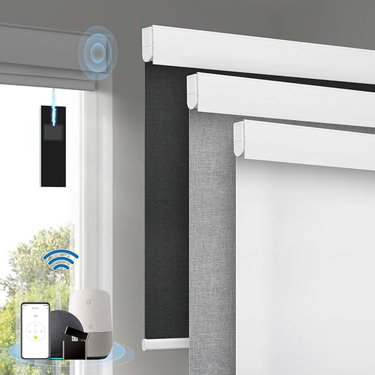 Motorized Blinds with Remote, [Free Solar Panels] Cordless Smart Blinds with Valance Cover, Blackout Electric Blinds with Remote Control, Automatic Roller Shades for Windows White 52" W x 72" H
