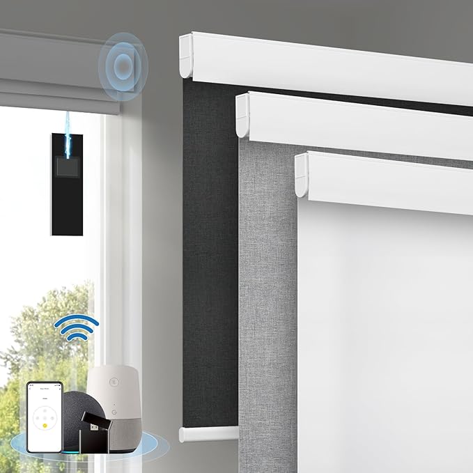 Motorized Blinds with Remote, [Free Solar Panels] Cordless Smart Blinds with Valance Cover, Blackout Electric Blinds with Remote Control, Automatic Roller Shades for Windows White 34½"W x 72" H