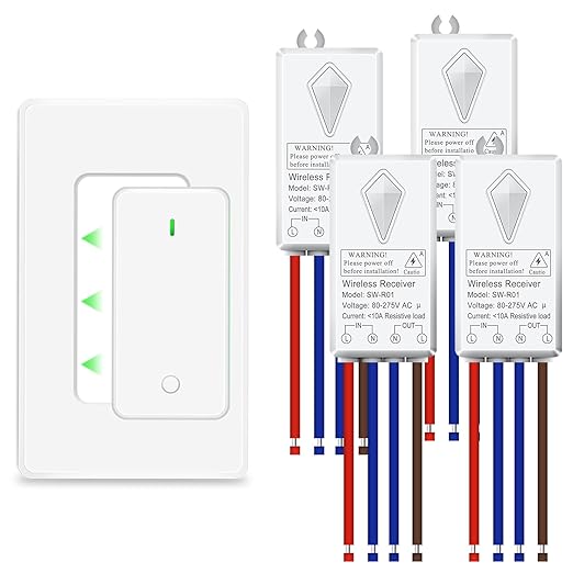 NineLeaf Wireless Light Switch and Receiver Kit, No Wiring RF Remote Control Switch, 1300FT Range, Programmable & Expandable,for Lights, Ceiling Fans, Lamps, 1000W LED(1Switch 4Receivers)