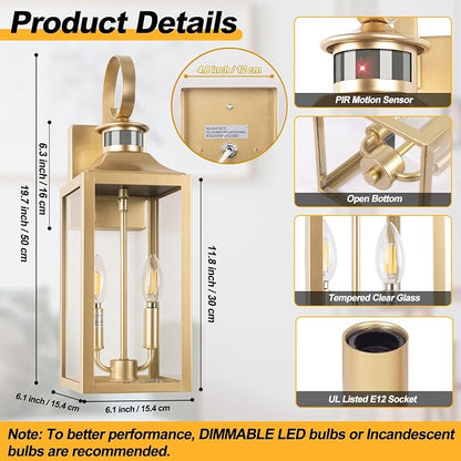 20" Motion Sensor Outdoor Light, Dusk to Dawn Farmhouse Porch Wall Lanterns