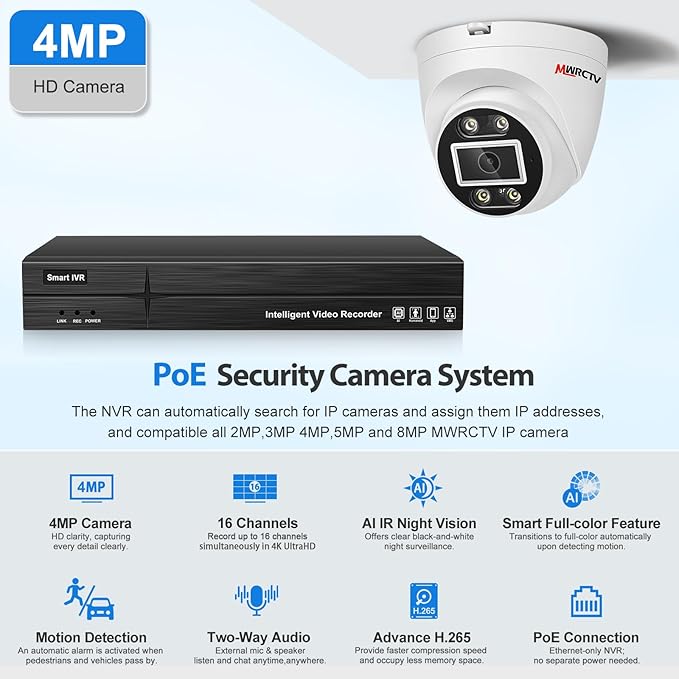 MWRCTV 2-Way Audio PoE Security Camera System,4pcs Wired 4MP Dome IP Camera for Home Security,110°Wide Angle Lens,Smart Dual Light,Human&Vehicle Detection,8 Port 16CH 4K NVR,24/7 Recording(No HDD)