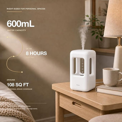 600mL Mini Cool Mist Humidifier with Anti-Gravity Water Drop Display for Bedroom, Nightstand and Personal Spaces, Plug-In, Pearl White