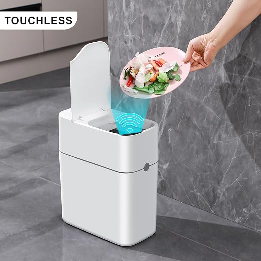MOPUP Bathroom Trash Can, Automatic Bagging Garbage Can, 3.5 Gallon Slim Smart Small Plastic Trash Bin, Narrow Motion Sensor Trash Can for Bedroom, Office White