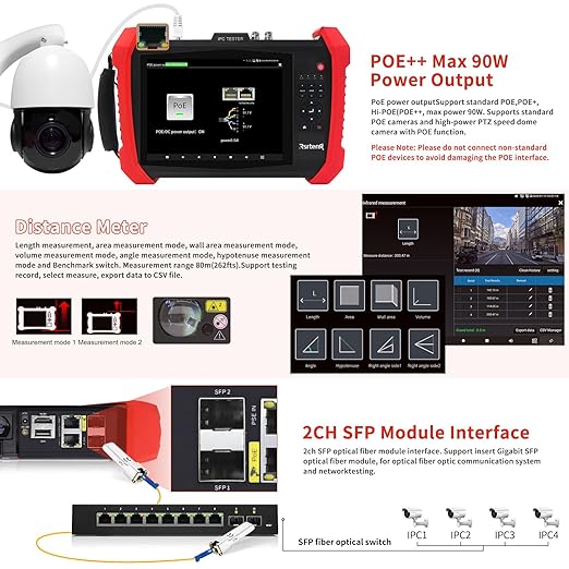 Rsrteng CCTV Tester 8K 32MP 12MP IP Camera Test POE++ Max 90W POE Camera Tester 4K 8MP TVI/CVI/AHD/SDI/CVBS WiFi Network Tools Cable Test Distance Meter 2CH SFP Port HD VGA DC Power Output