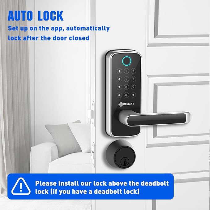 OLUMAT Smart Door Lock with WiFi Gateway, Keyless Entry Door Lock with Handle - Smart Locks for Front Door with Keypad - Fingerprint Locks with App Control - Auto Lock