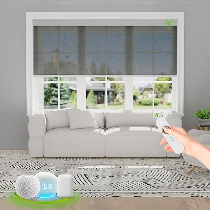 Motorized Blinds with Remote [Light Filtering] Smart Blinds Compatible with Alexa Google HomeKit, 80% Blackout Automatic Roller Shades for Indoor Windows, Customized Size, Mesh Haze
