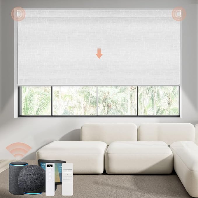 Motorized Blinds Roller Shade with Remote: Canisteo Automatic Smart Blind for Windows 100% Blackout, Electric Blinds Compatible with Alexa/Google Home/Apple Homekit, Customized Size, Cozy White