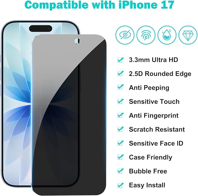 PEHAEL 3+3 Pack for iPhone 17 Privacy Screen Protector with Camera Lens Protector Full Coverage Anti-Spy Tempered Glass Film 9H Hardness Easy Installation Bubble Free [6.3 inch]