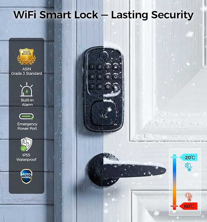 WiFi Smart Door Locks for Front Door Lock Set, Keyless Entry Door Lock Deadbolt with Handle Set, Smart Deadbolt Lock with Alexa & Google Assistant, APP Control, Voice& Fingerprint Unlock, Auto Locking