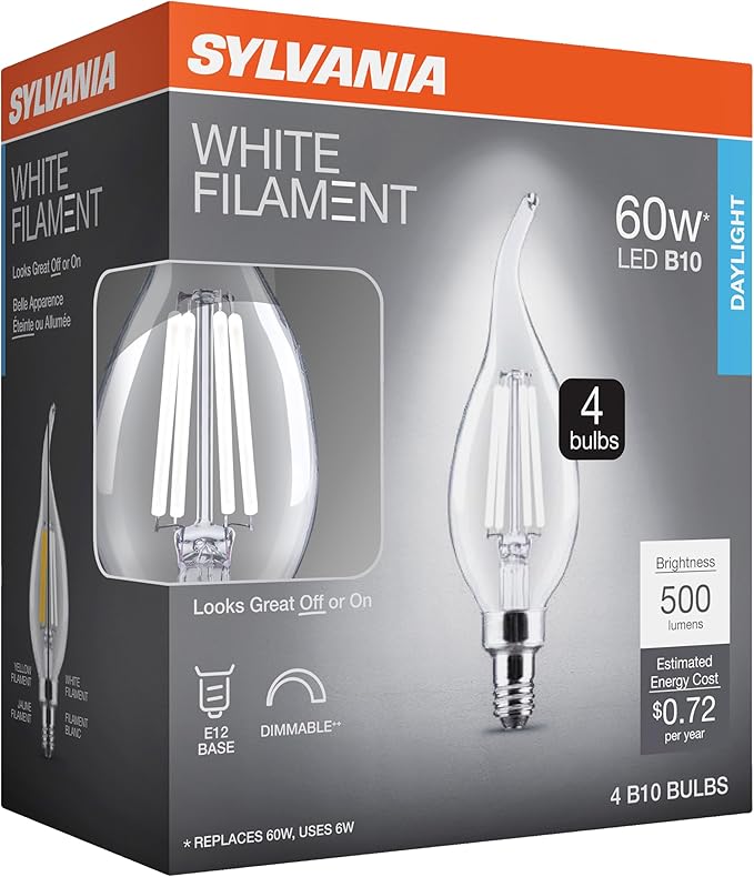 Sylvania B10 Clear LED White Filament Bulb, 6W, Dimmable, 500 LMS, Candelabra Base, 5000K, Daylight - 4 Pack (41849)