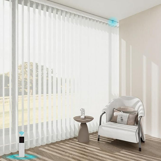 Motorized Sheer Vertical Blinds with Remote, Light Filtering Vertical Blind Sliding Door Blinds Remote Control Blinds for Sliding Glass Door Customize(Embossed White)