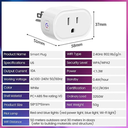 Smart Plug WiFi Outlet Works with Alexa & Google Home, 10A, 4 Pack | Smart Home Socket with Remote Control & Timer Function, WiFi Plug for household appliances, No Hub Required, 2.4GHz WiFi Only