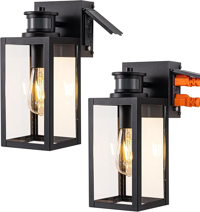 EDISHINE 2 Pack Outdoor Wall Light with Outlet Motion Sensor Dusk to Dawn