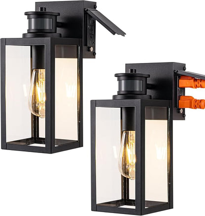 EDISHINE 2 Pack Outdoor Wall Light with Outlet Motion Sensor Dusk to Dawn