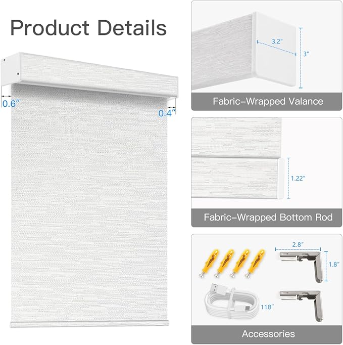 Tokblind Motorized Blackout Roller Shade Fabric Covered Valance and Bottom Rod, Remote Control Electric Window Blind Compatible with Alexa Google via Hub, Custom Size (Texture White - Wrapped Fabric)
