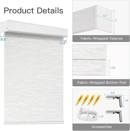 Tokblind Motorized Blackout Roller Shade Fabric Covered Valance and Bottom Rod, Remote Control Electric Window Blind Compatible with Alexa Google via Hub, Custom Size (Texture White - Wrapped Fabric)