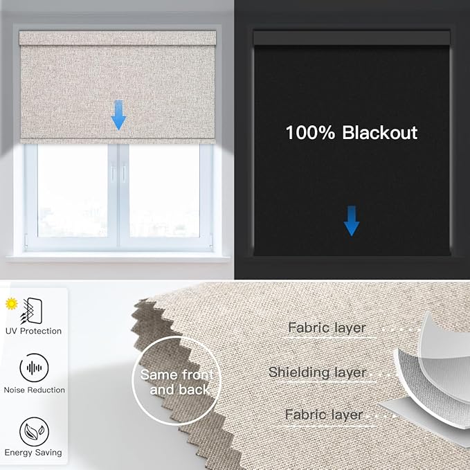 Tokblind Motorized Blackout Roller Shade Fabric Covered Valance and Bottom Rod, Remote Control Electric Window Blind Compatible with Alexa Google via Hub, Custom Size (Beige - Wrapped Fabric)