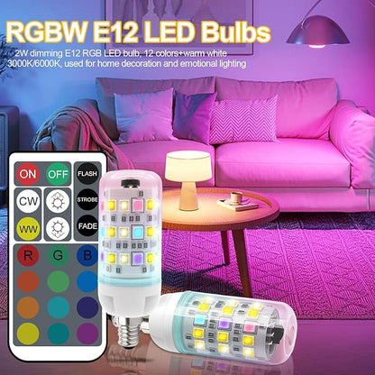 XRise E12 Color Changing Bulb with Remote Control, Dimmable 12 Colors+3000K+6000K, 2W LED E12 Candelabra Bulb 20W Incandescent Replacement, Memory Function, No Flicker, for Mooding Lighting, 2PACK