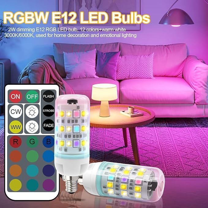 XRise E12 Color Changing Bulb with Remote Control, Dimmable 12 Colors+3000K+6000K, 2W LED E12 Candelabra Bulb 20W Incandescent Replacement, Memory Function, No Flicker, for Mooding Lighting, 6PACK