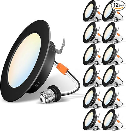 LVWIT 4 Inch Black LED Recessed Lighting, Slim Can Lights, 6W=85W,700LM,5CCT Color Selectable, Dimmable Downlight with E26 Conversion Kit, 12 Pack,IC Rated