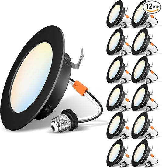 LVWIT 4 Inch Black LED Recessed Lighting, Slim Can Lights, 6W=85W,700LM,5CCT Color Selectable, Dimmable Downlight with E26 Conversion Kit, 12 Pack,IC Rated