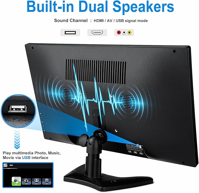 Haiway 15.6 inch Small Computer Monitor, High Resolution 1920x1080P Small hdmi Monitor with HDMI/VGA/BNC/AV/USB Port for PC, Laptop, CCTV Security Monitors with Remote Control, Built-in Speakers