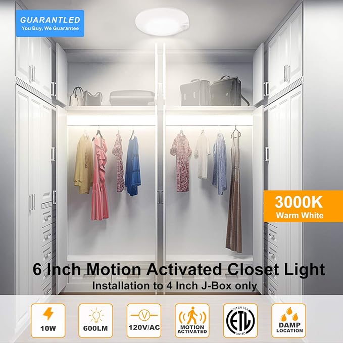 Closet Lights Motion Sensored Indoor Ceiling Mount LED- 10W 3000K Closet Stair Porch Ceiling Pantry Motion Activated Light, 6-7/8 Inch 90CRI 600lm Hardwire to Junction Box, No Battery, Damp Rated ETL
